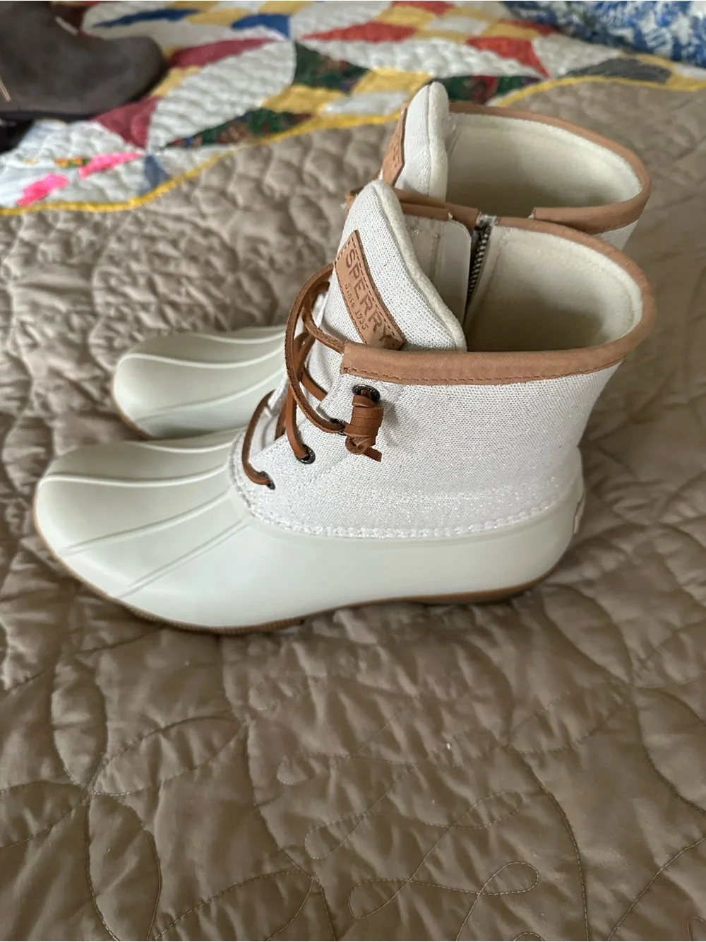Sperry Women's Off-White Duck Boots with Tan Trim